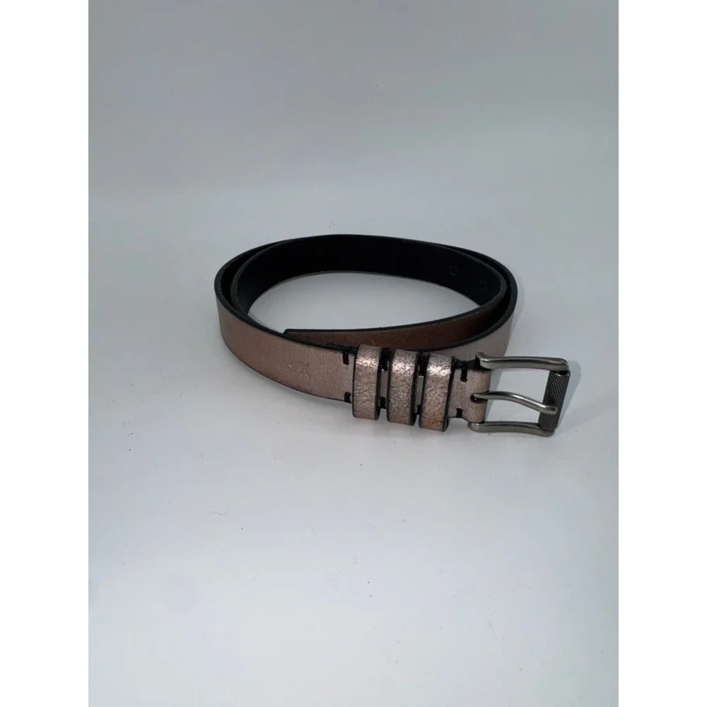 Frye Womens Metallic Rose Gold Leather Belt Triple Keeper Gunmetal Buckle 39